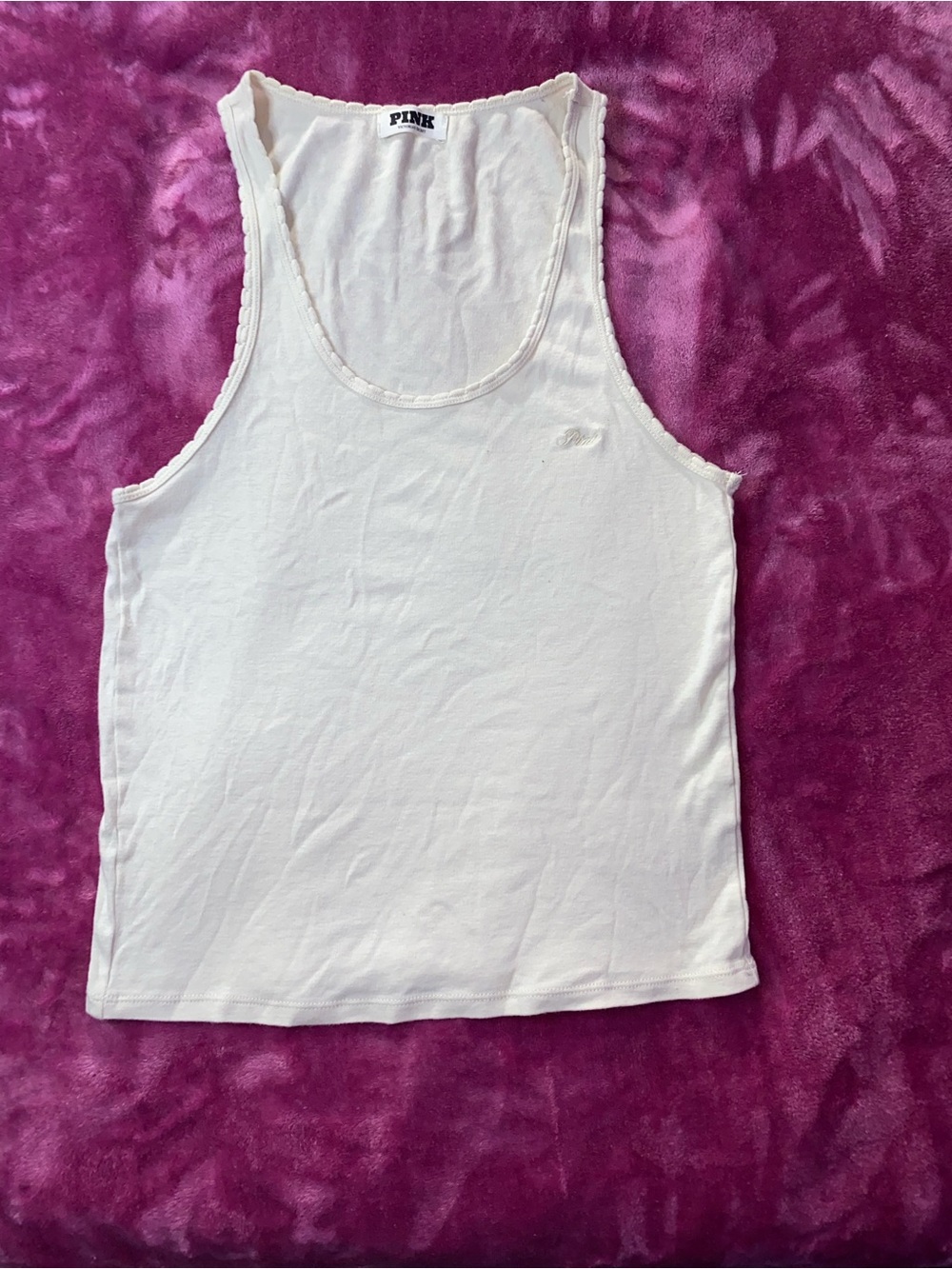 PINK Victoria's Secret Cream Ribbed Scoop Neck Tank Top